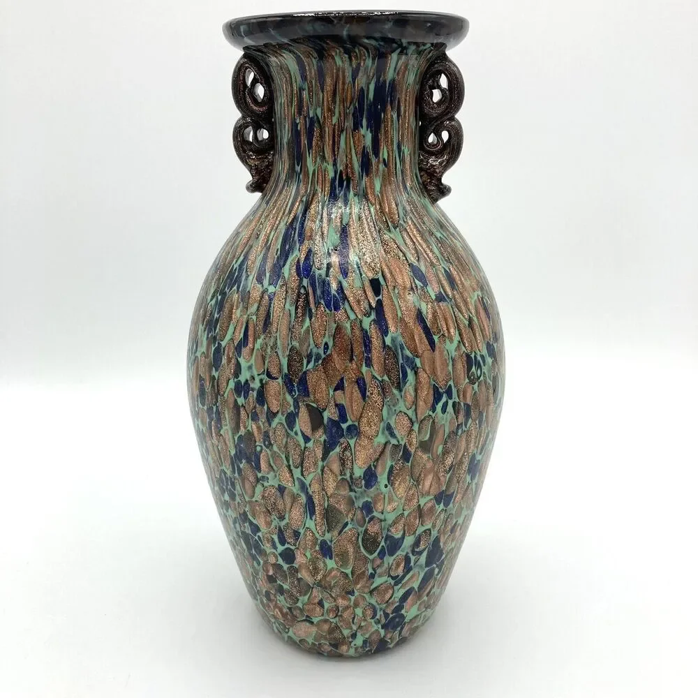 Vintage Murano Art Glass Vase Aventurine Teal Gold Fleck Mid Century Art Nouveau